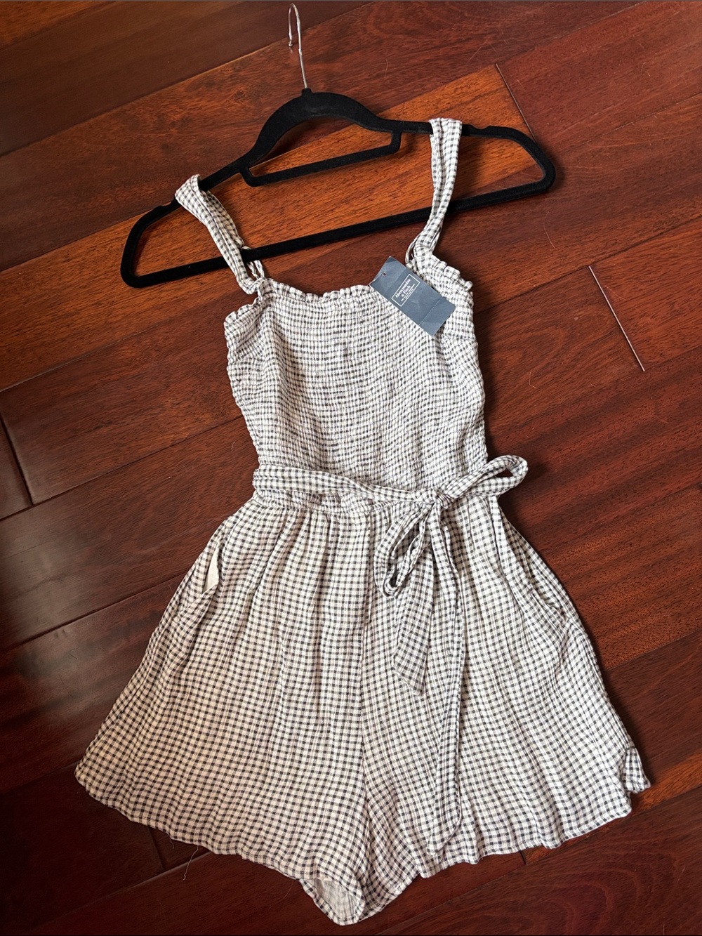 Abercrombie & Fitch Black and White Gingham Tie-Waist Mini Romper